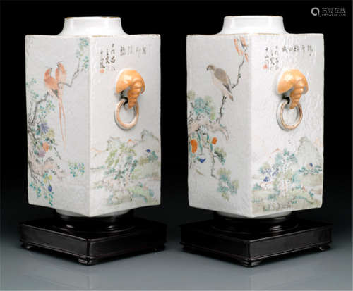 A PAIR OF 'CONG'-SHAPED PORCELAIN VASES DECORATED WITH BIRDS AND LANDSCAPE