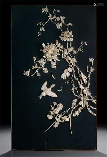 A BLACK-LACQUERED WOOD PANEL DECORATED WITH IVORY, Japan, Meiji period, decorated with a bird catching a moth and floral sprays - One age crack with lacquer flaking off, partly slightly chipped and restuck