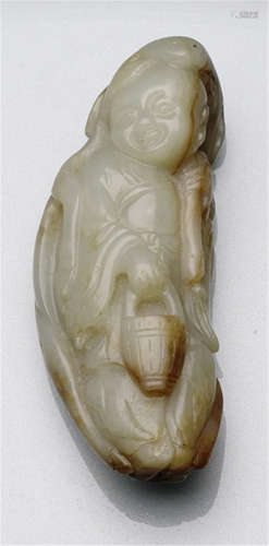 A SMALL JADE CARVING OF TANZI WITH A DEER SKIN, China, 17th/18th ct