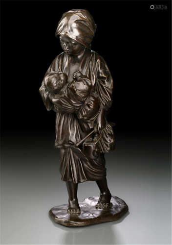 A BRONZE FIGURE OF A PEASANT WOMAN CARRYING A CHILD, Japan, cast mark: Hidemitsu (Shûkô) kansei, Meiji period - Property from an old South German private collection, collected between 1960 and 1980, by inheritance to the present owner -Minor wear