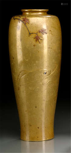 A MIXED METALL VASE DECORATED WITH A CARP UNDER A MAPLE SPRAY, Japan, marked, Meiji period  - Property from an old South German private collection, assembled between 1970 and 2010 -  Some wear