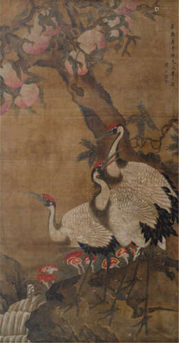 AN EMBLEMATIC PAINTING OF CRANES AND PEACHES CONVEYING THE WISHES FOR LONGEVITY, China, 17th/18th ct