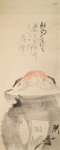 ATTRIBUTED TO KAWANABE KYÔSAI (Japan, 1831-1889), a painting of Shôjo drinking sake from a large barrel. Ink and red colour on paper, signed: Kawanabe Kyôsai - Provenance: Purchased from Kunsthandel Klefisch, Cologne, Sale 15, 23.11.1979, no. 219 - Minor wear, slightly rest., mounted as hanging scroll with bone ends, inscribed wood box