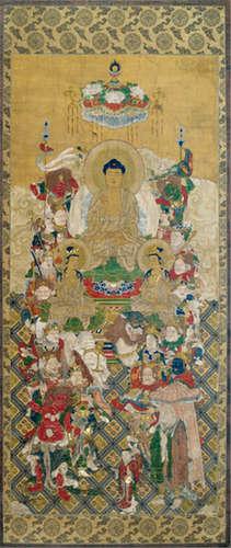 A BUDDHIST PAINTER, Japan, Edo period, a painting of buddha Amida seated on a throne, flanked by bodhisattva and surrounded by the buddhist pantheon, ink, colour and gold on silk - Property from an old German private collection - Some wear, framed under glass