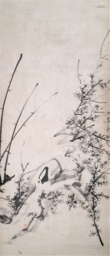 ATTRIBUTED TO IKENO TAIGA (Japan, 1723-1776), a painting of a plum tree, ink on paper, signed Kyuka Tsutomu and sealed Taiga no do, Shuhei, shotei ko - Ikeno Taiga, was a painter and calligrapher working in Kyoto. First he studied the paintings of the Tosa School, but soon he was inspired by the characteristics of the Nanga School of painting. He studied under Yanagisawa Kien and Sakaki Hyakusen, who taught him the techniques of finger painting as well as under Ekaku Hakuin. In 1750, he studied Chinese painting in Endo, where he was inspired by the painting manual of the mustard seed. Ikeno Taiga painted his most renowned works between 1759 - 1765. It is assumed, that this particular painting of the plum tree was painted in the Mid 1750ies - Provenance: Purchased from Galerie Eike Moog, Cologne - mounted as a hanging scroll with ivory ends, wood box