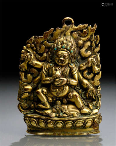 A GILT-BRONZE PLAQUE DEPICTING SADBHUJAMAHAKALA, TIBET, 18th ct