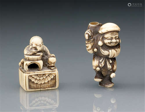 TWO IVORY NETSUKE OF DAIKOKU AND A SCHOLAR, Japan, 18th/19th Ct. - Former property from a European private collection - Some wear, partly fine hairline cracks due to age