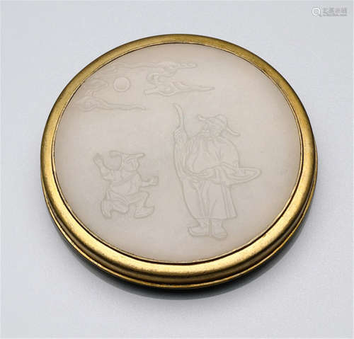 A FINE CARVED WHITE JADE PANEL, GILT BRONZE MOUNTS FORMERLY A BELT BUCKLE, China, 18th ct