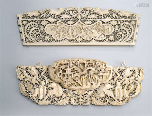 TWO IVORY PANELS WITH OPENWORK AND RELIEF CARVING OF FLORAL SPRAYS AND AUSPICIOUS SYMBOLS, China, Canton, 1st half 19th ct. - Probably ornamental panels of two diverse boxes or letter holders, minor chip