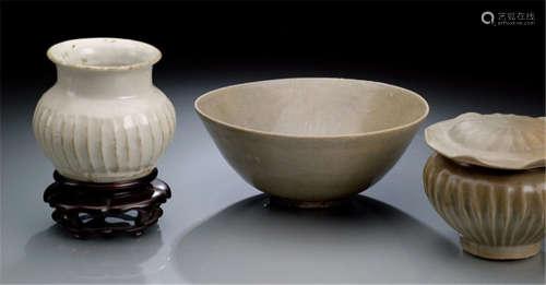 A CELADON GLAZED BOWL, A JAR AND COVER AND A JAR, China, Yuan/Ming dynasty-Property from an old South German private collection, jar and cover bought from Nagel, 20
