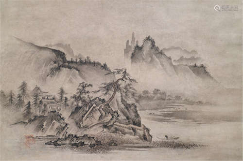 AN ANONYMOUS PAINTER OF THE EARLY KANO SCHOOL, Japan, 16th/17th Ct., a painting of a landscape with a temple in a mountainous landscape surrounded by trees next to a lake, ink on paper, pot shaped seal: 'nobu', probably later - Provenance: Formerly in the collection Kurt Brasch, Tokyo - Private collection of Senta Krönert, purchased from Kunsthandel Klefisch, 10.11.1990, no. 713  - Mounted as hanging scroll with black lacquered wood ends