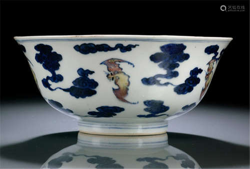 A RARE COPPER-RED AND BLUE AND WHITE BATS AND CLOUD BOWL