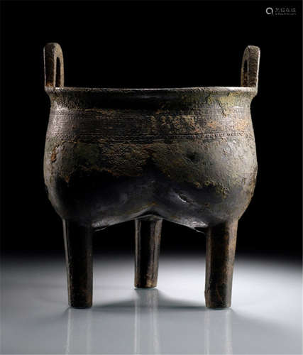 A FINE BRONZE RITUAL VESSEL 'LI DING', China, Shang dynasty, archaic inscription ?zuxin inside at the well-Property from a German private collection, acquired in the Netherlands between 1950 and 1970-Partly corroded