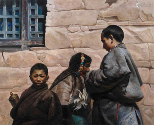 TWO PAINTINGS: LIU NING (b.1959): TWO BOYS AND AN OLD WOMAN WEARING TIBETAN COATS/HUANG JINSHENG (b. 1935): TIBETAN WOMAN IN THE DOORWAY, China, dated 1989 - Oil on canvas - Exhibited and published in: Beijing Imperial City Art Museum (Edts.): The Western Eye, Beijing 2006, no. 12, 7 - Provenance: The Jürgen L. Fischer Collection, Ascona