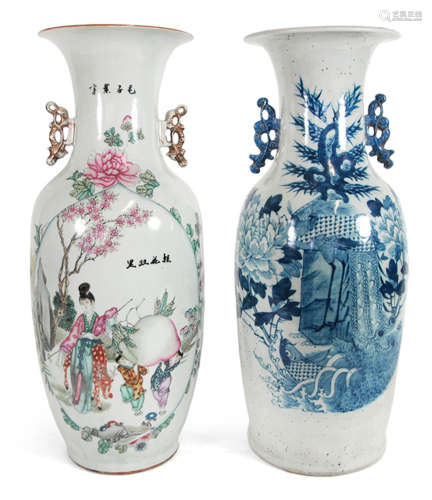 TWO PORCELAIN VASES WITH POLYCHROME AND UNDERGLAZE BLUE AND WHITE DECORATION, China, 20th ct. - Minor wear