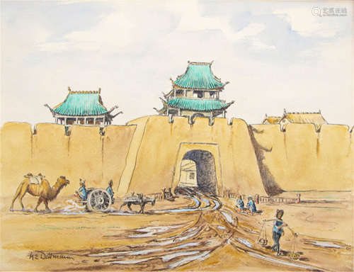 A WATER COLOUR DEPICTING THE TOWN GATE OF THIWA-FU (SINKIANG), China, 1927 - Hans Eduard Dettmann (1891-1969), one of the 12 German participants of the 