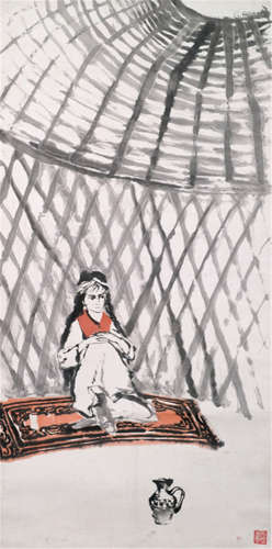 IN THE STYLE OF SHI LU, China, 1919-1982, Painting of a girl on paper, mounted as hanging scroll, one seal