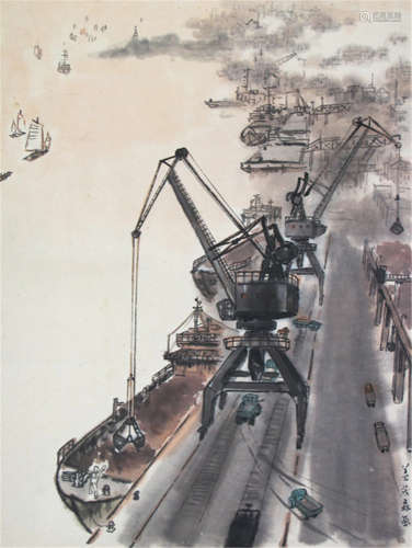 JI MAOSEN: HARBOUR SCENE IN SHANGHAI, China, 20th ct., signed - Ink and colour on paper, mounted as hanging scroll - Slightly creased