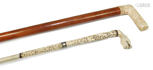 TWO CANES WITH FINE CARVED IVORY HANDLES, China, 19th ct. - Acquired in the 1950ies to 1970ies in the Netherlands - Minor formation of cracks, very slightly chipped