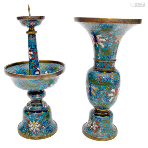 A CLOISONNE VASE AND CANDLE STICK DEPICTING LOTUS ON TURQUOISE GROUND, China