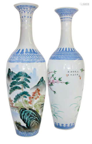 A POLYCHROME DECORATED PAIR OF PORCELAIN VASES DEPICTING A LANDSCAPE AND BIRDS IN BRANCHES, China, 20th ct.