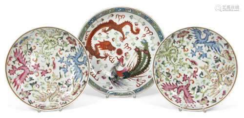 THREE POLYCHROME DECORATED DRAGON AND PHOENIX PORCELAIN DISHES, China, Republic period and later - Property from an old Belgian private collection, acquired prior 1990