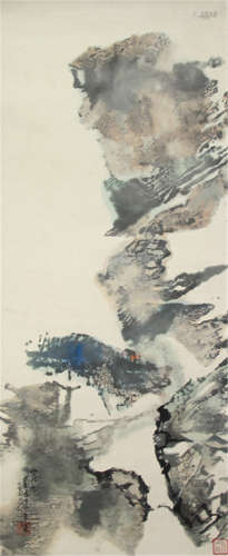 WANG SONGYU (1910-2005) A.O.: TWO ABSTRACT LANDSCAPES, China, 20th ct., signed and sealed songyu - Ink and colour on paper, mounted as hanging scroll - Partly damages due to age