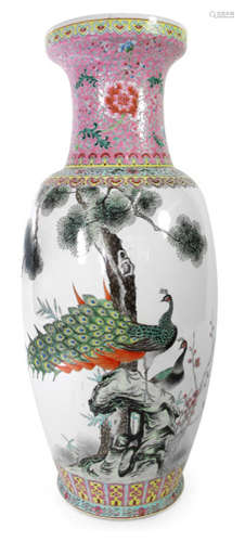 A POLYCHROME DECORATED PORCELAIN VASE DEPICTING THE THREE FRIENDS OF WINTER AND TWO PEACOCKS ON A ROCK, China, 20th ct.