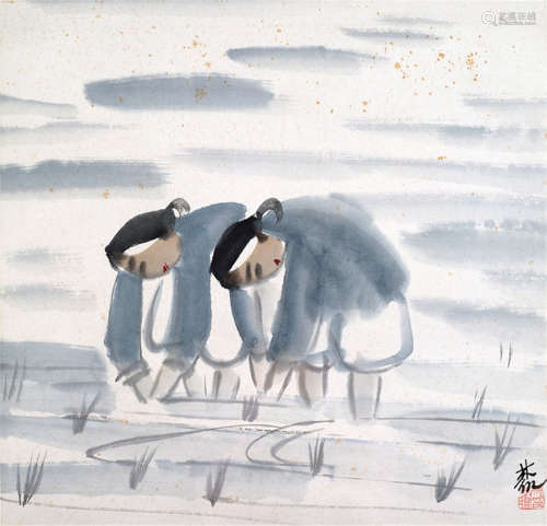 LIN FENGMIAN (1900-1991), attr.: A PAINTING OF TWO RICE PLANTING WOMEN ON PAPER, framed under glass - Property from a North German private collection - Stains, slightly faded