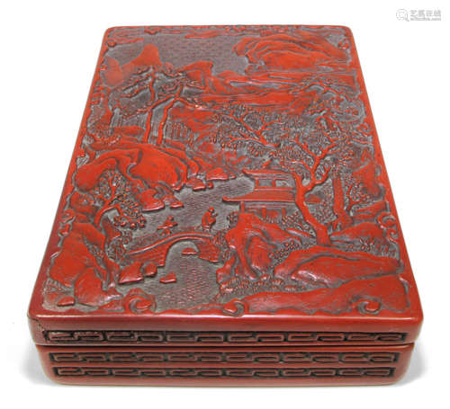 A CINNABAR WRITING BOX DEPICTING A LANDSCAPE WITH FIGURES AND PAVILION, China, Qing/Republic period - Acquired at Koller, Zurich in 1979