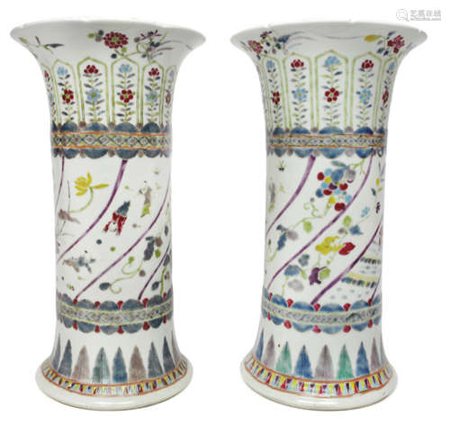 A PAIR OF POLYCHROME DECORATED PORCELAIN VASES, Samson/Paris, 19th ct. - Acquired at May Li Ong, Stuttgart, 1977 - One vase with hairline