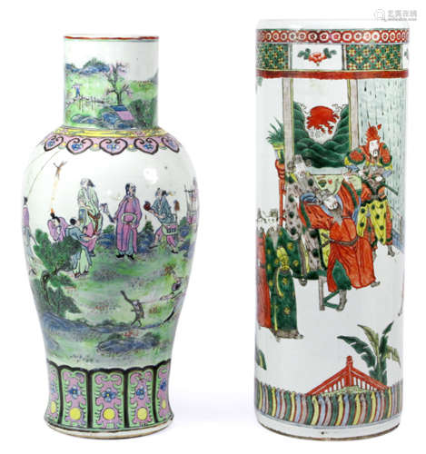 TWO POLYCHROMIC DECORATED PORCELAIN VASES WITH FIGURAL SCENES, China, 19th/early 20th ct. - Property from a South German private collection - Very slightly chipped