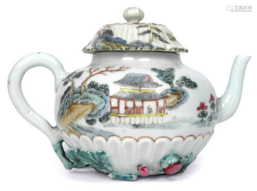 A POLYCHROME DECORATED PORCELAIN TEAPOT DEPICTING A LANDSCAPE, China, Yongzheng period - Property from a German private collection, acquired between 1940 and 2000 - Chipped, cover added