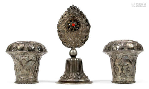 TWO SILVER ENDS OF A HANGING SCROLL AND A CORAL INLAID ALTAR EMBLEM, 19th ct and later - Property from a South German private collection, acquired between 1970 and 1988