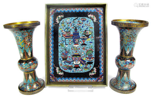 A PAIR OF GU SHAPED CLOISONNE VASES AND A LITTLE CLOISONNE TRAY, China, late Qing dynasty - Property from a South German private collection, acquired between 1955 and 1990 - Minor wear