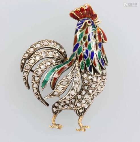 Brooch 'cock' with diamonds, silver partly gilded