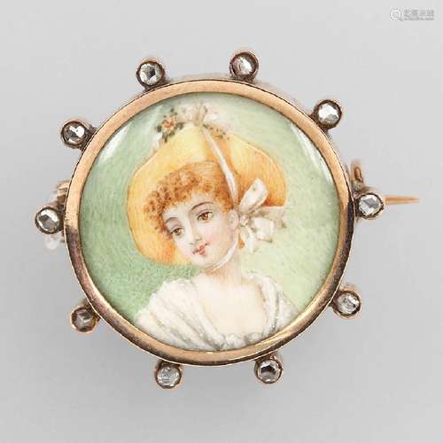 14 kt gold brooch with painting, approx. 1890s