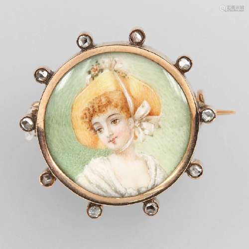 14 kt gold brooch with painting, approx. 1890s