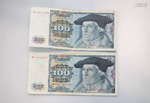Lot 2 banknotes, 100 Deutsche Mark, Germany, 1970/1977