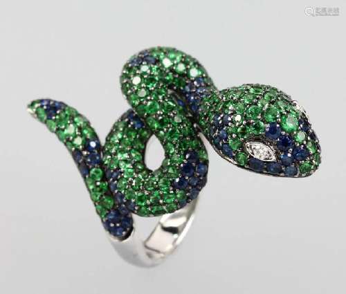 18 kt Gold Snakering with sapphires, tsavorites and