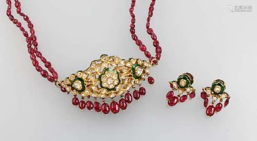 Set of jewelry with diamond roses and enamel, YG 22 ct