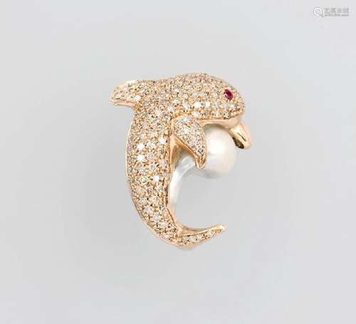 9 kt gold pendant 'dolphin' with south seas pearl and