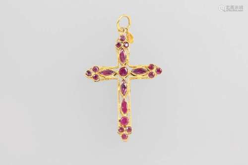 18 kt gold crosspendant with coloured stones