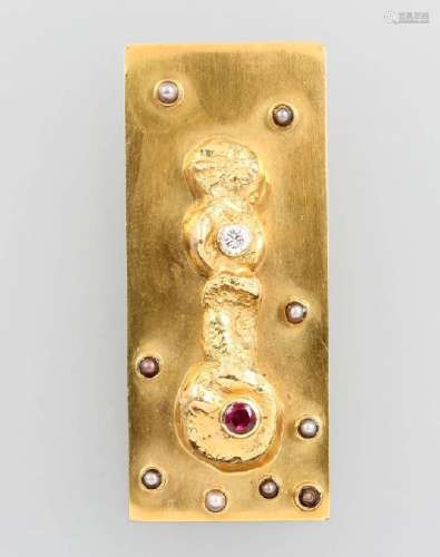 Unusual 18 kt gold brooch/pendant with ruby and