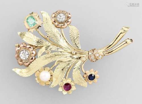 14 kt blossom gold brooch with coloured stonesand pearl