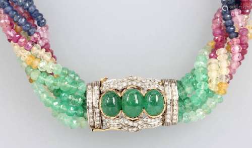 7-row necklace with coloured stones and diamonds