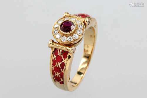 18 kt gold ring with ruby, brilliants and enamel