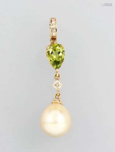18 kt gold pendant with pearl, coloured stonesand