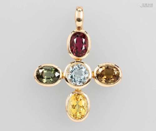 18 kt gold crosspendant with coloured stones