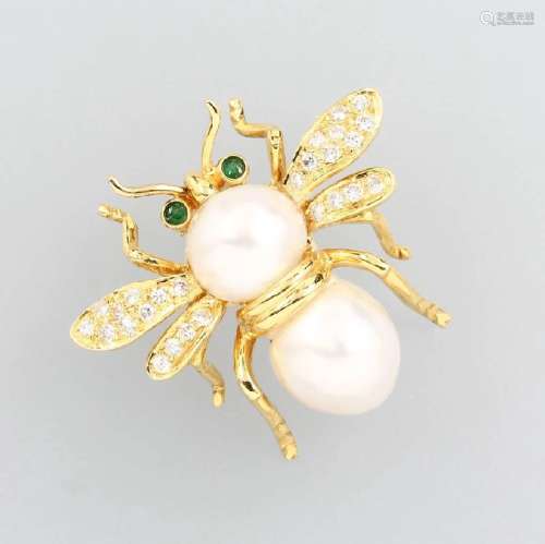 18 kt gold brooch 'bee' with south sea pearls, emeralds